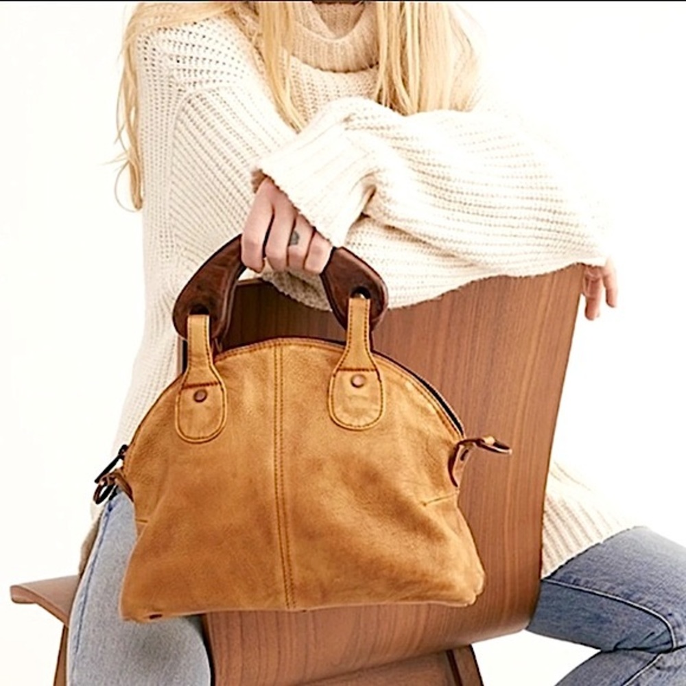 Free People Mini Willow Leather Tote Wood Handle Vintage Crossbody Tan retro Bag